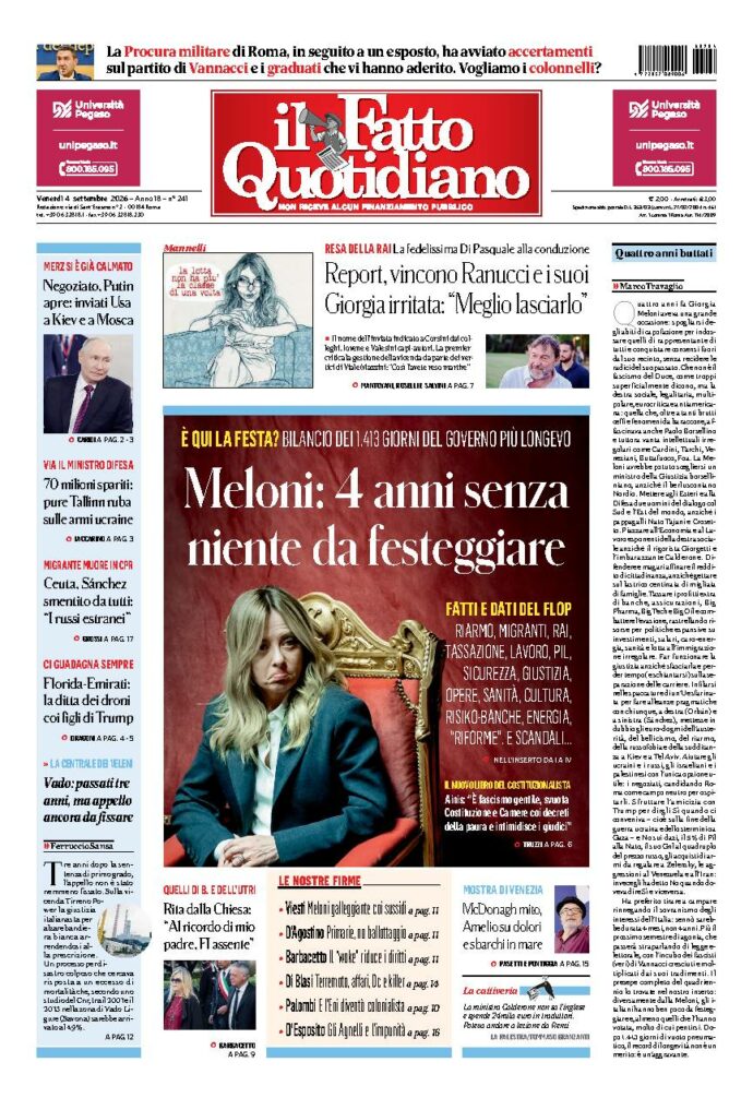 Copertina de Il Fatto Quotidiano di Ven 4 Settembre 2026