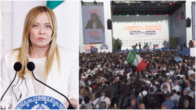 Copertina di Meloni in una Bari blindata per la festa che celebra i 4 anni di governo: partito il corteo di protesta. L'intervento della premier dal palco - La diretta video