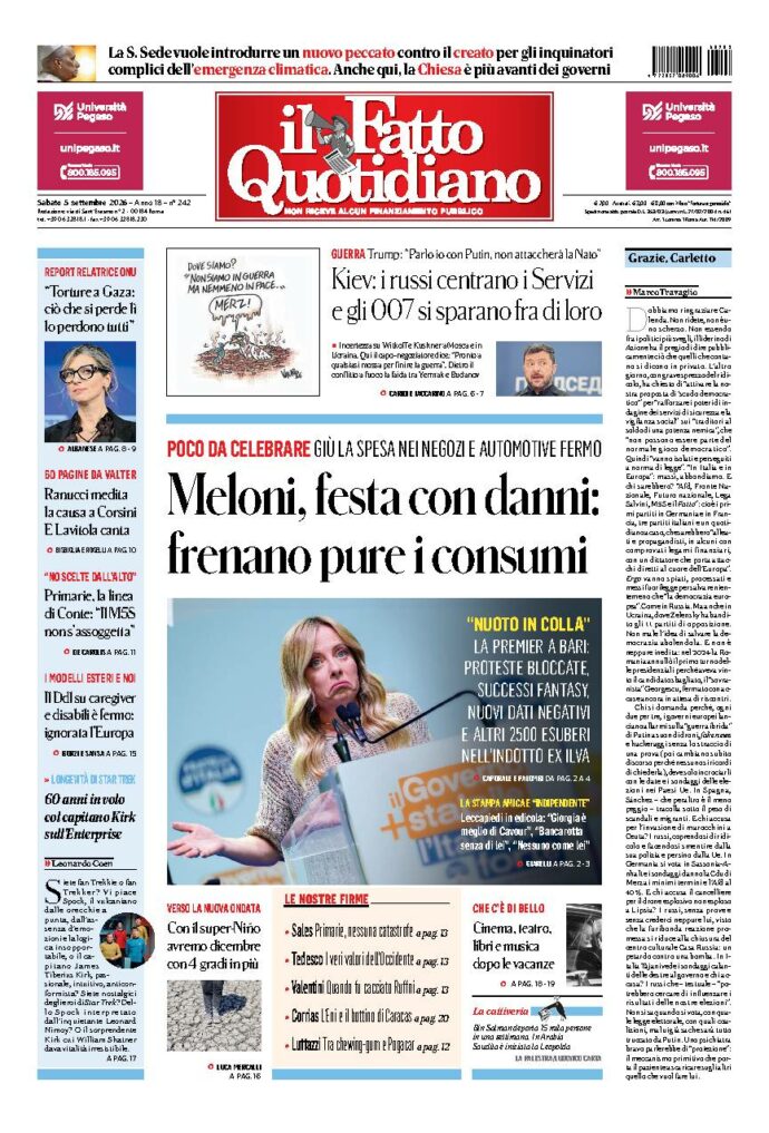 Copertina de Il Fatto Quotidiano di sabato 5 Settembre 2026