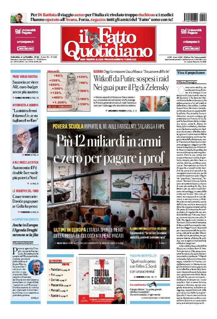 Copertina de Il Fatto Quotidiano di domenica 6 Settembre 2026