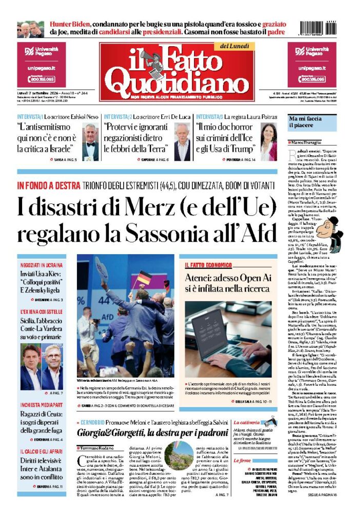 Copertina de Il Fatto Quotidiano di lunedì 7 Settembre 2026