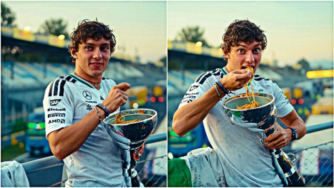 Antonelli mangia gli spaghetti direttamente dalla coppa vinta a Monza: la foto è virale. “Sogno a occhi aperti”