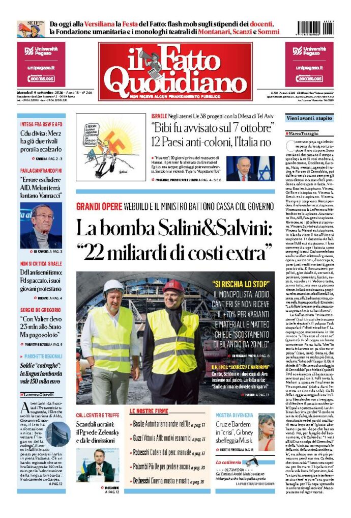 Copertina de Il Fatto Quotidiano di mercoledì 9 Settembre 2026