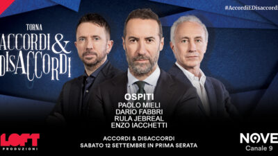 Copertina di Mieli, Jebreal, Fabbri e Iacchetti ospiti di Sommi ad Accordi&Disaccordi sabato 12 settembre. Con Travaglio e Scanzi