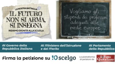 Copertina di Vogliamo gli stipendi dei professori adeguati alle medie europee: il futuro non si arma, si insegna! – FIRMA QUI LA PETIZIONE
