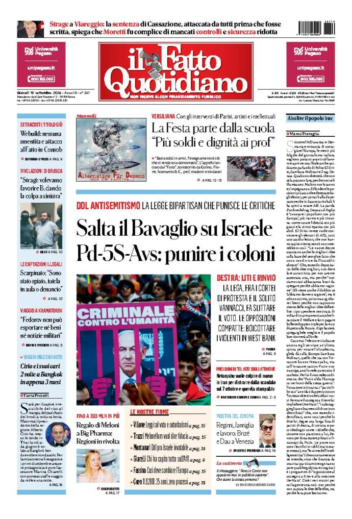 Copertina de Il Fatto Quotidiano di giovedì 10 Settembre 2026