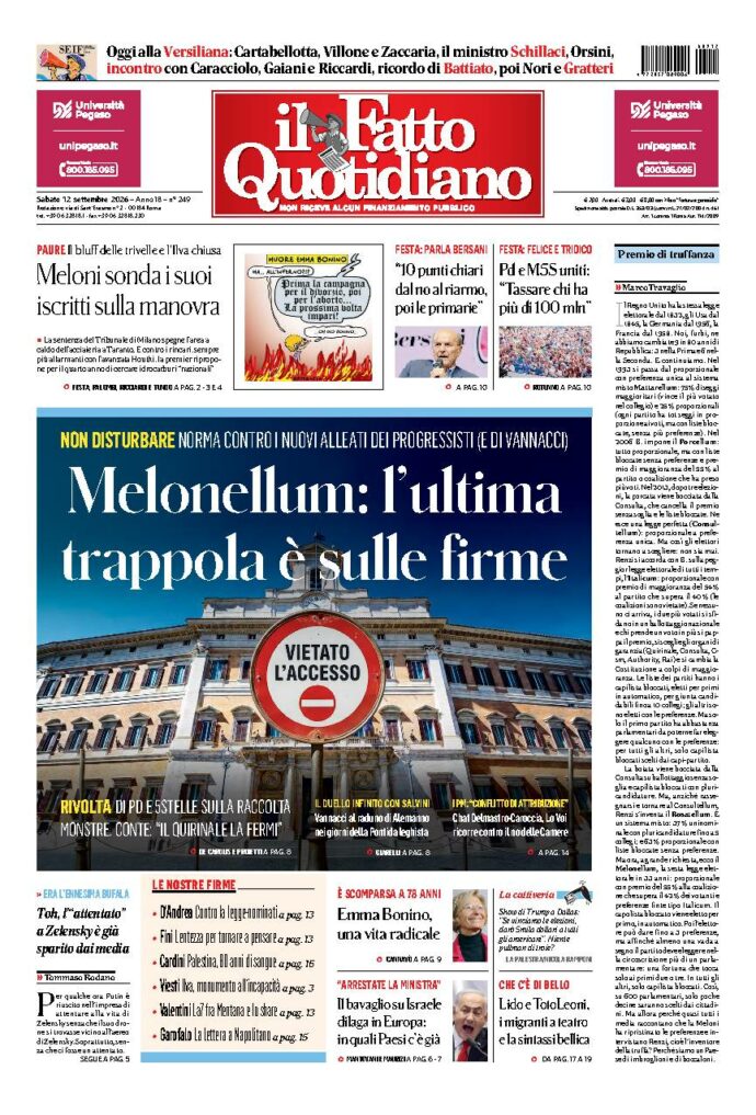 Copertina de Il Fatto Quotidiano di sabato 12 Settembre 2026