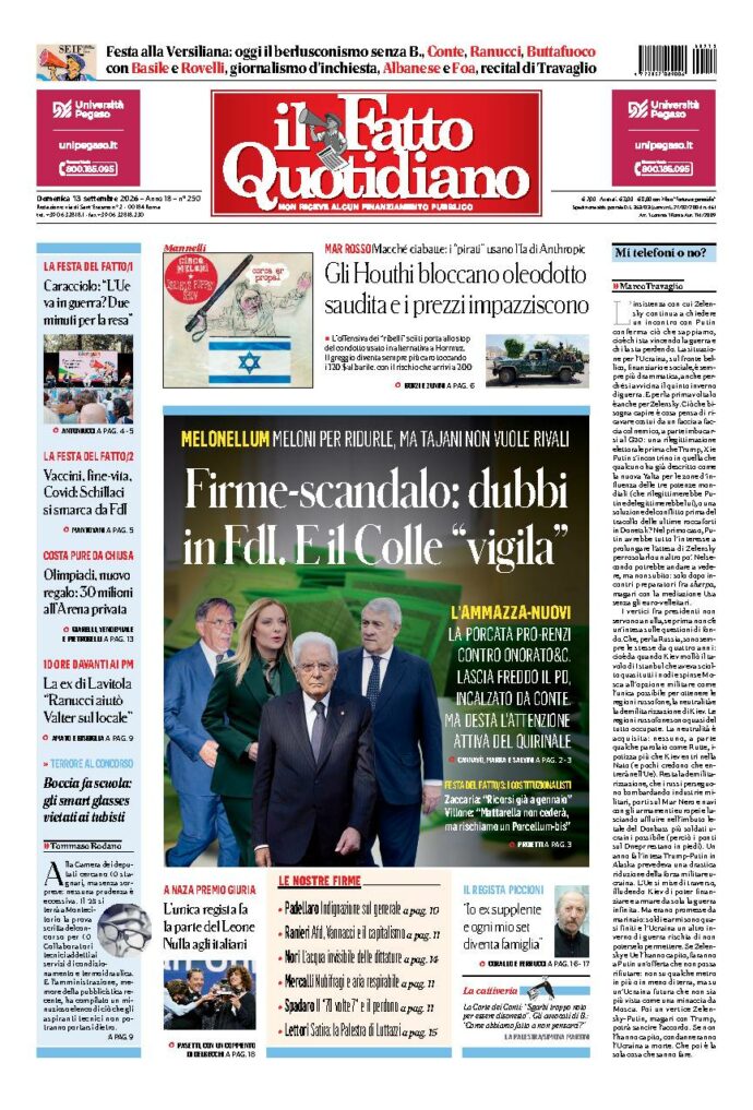 Copertina de Il Fatto Quotidiano di domenica 13 Settembre 2026