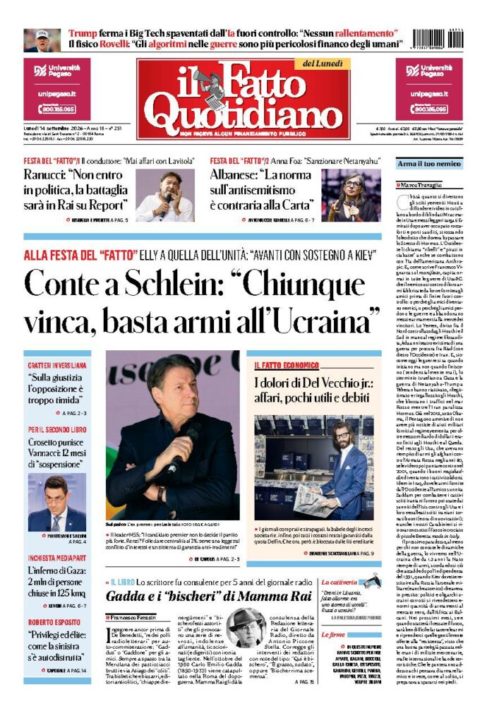 Copertina de Il Fatto Quotidiano di lunedì 14 Settembre 2026