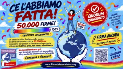 Copertina di Legge sulla difesa civile non armata: raggiunte le 50mila firme per portarla in Parlamento