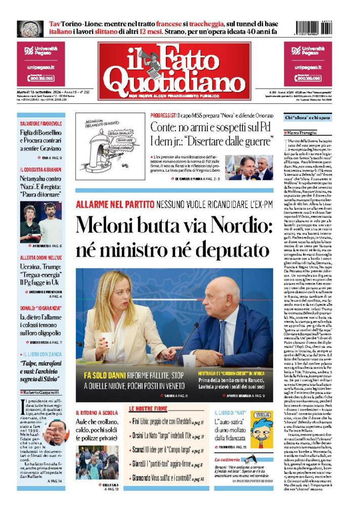 Copertina de Il Fatto Quotidiano di martedì 15 Settembre 2026
