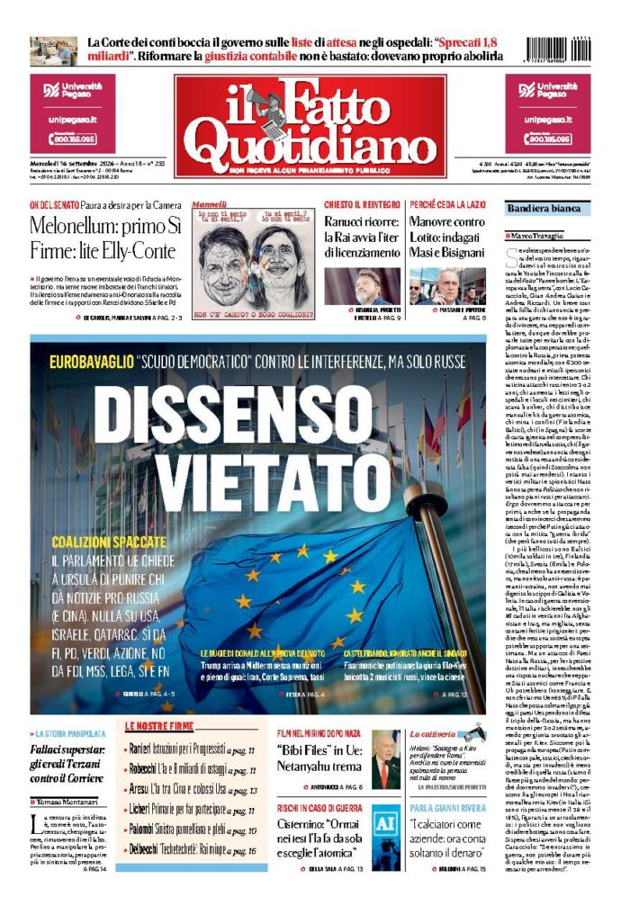 Copertina de Il Fatto Quotidiano di mercoledì 16 Settembre 2026
