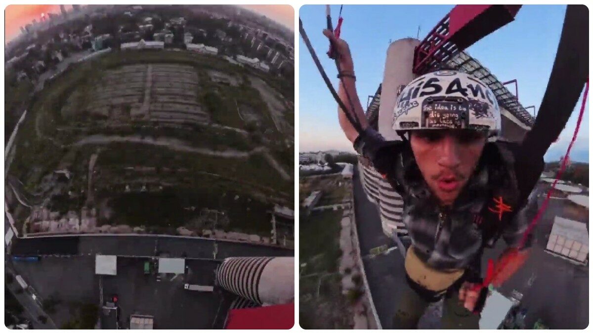 Un giovane base jumper si lancia all’alba dalla copertura dello stadio di San Siro: “Volevo già farlo quasi un anno fa”