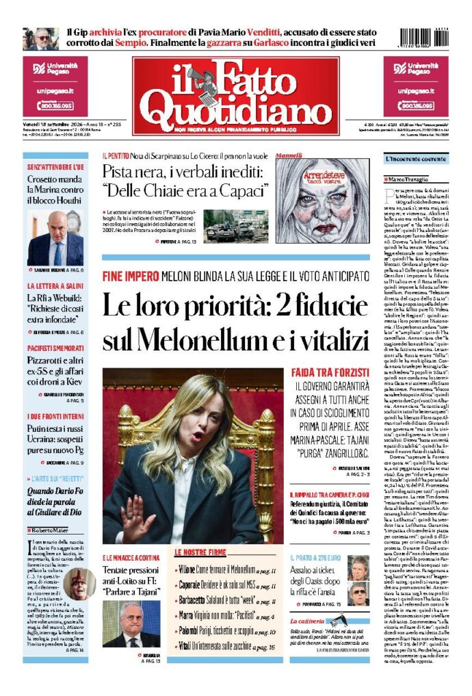 Copertina de Il Fatto Quotidiano di venerdì 18 Settembre 2026