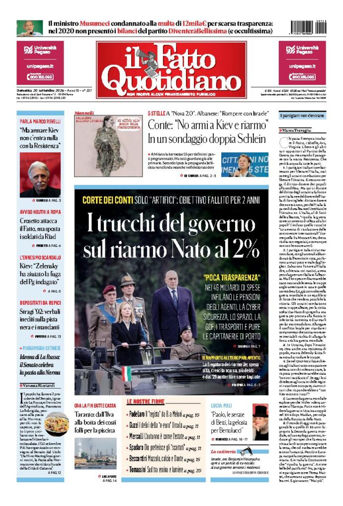 Copertina de Il Fatto Quotidiano di domenica 20 Settembre 2026