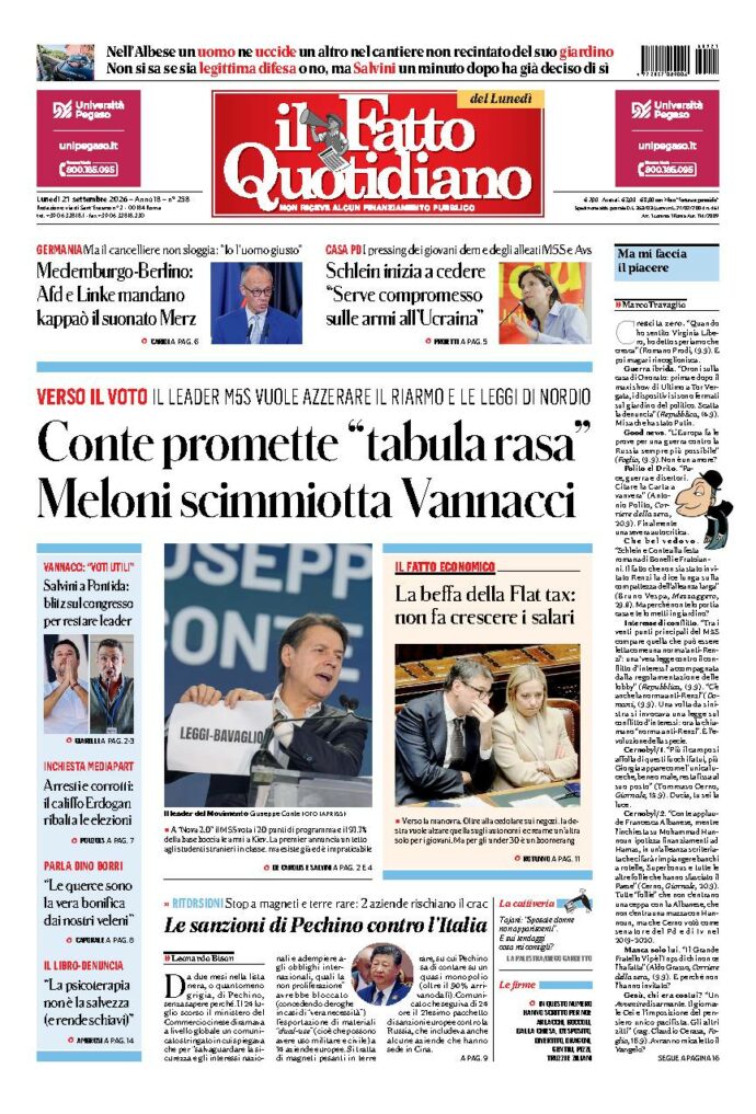 Copertina de Il Fatto Quotidiano di lunedì 21 Settembre 2026