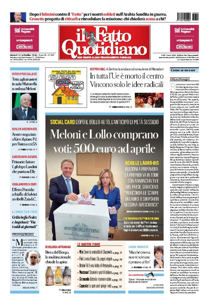 Copertina de Il Fatto Quotidiano di Mar 22 Settembre 2026