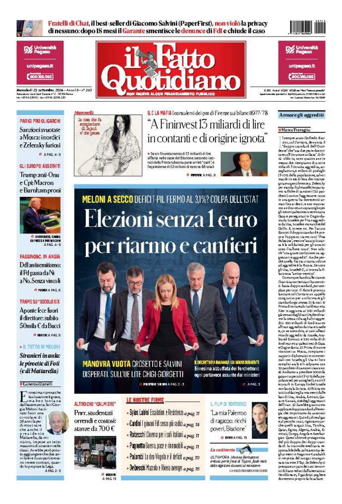 Copertina de Il Fatto Quotidiano di mercoledì 23 Settembre 2026