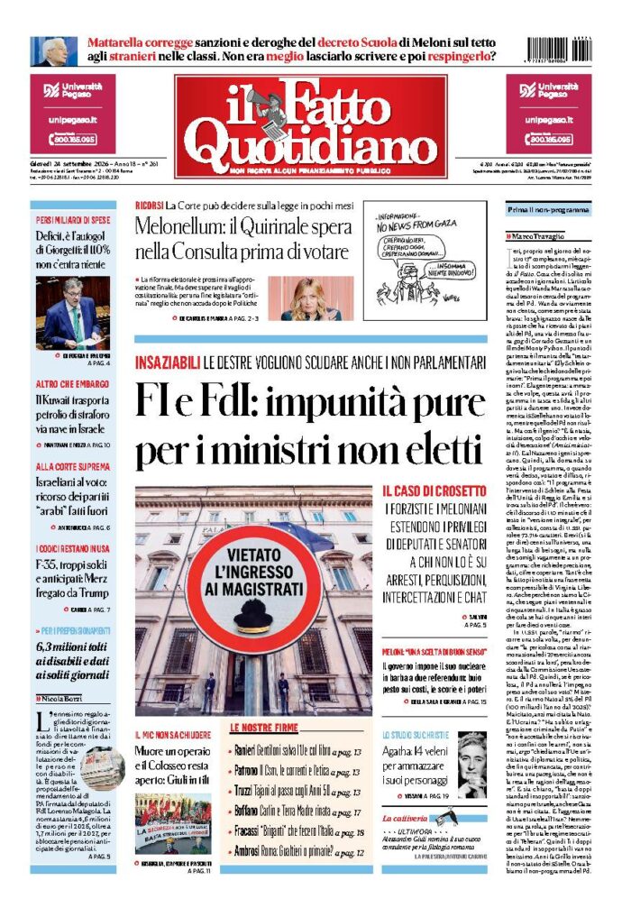 Copertina de Il Fatto Quotidiano di giovedì 24 Settembre 2026