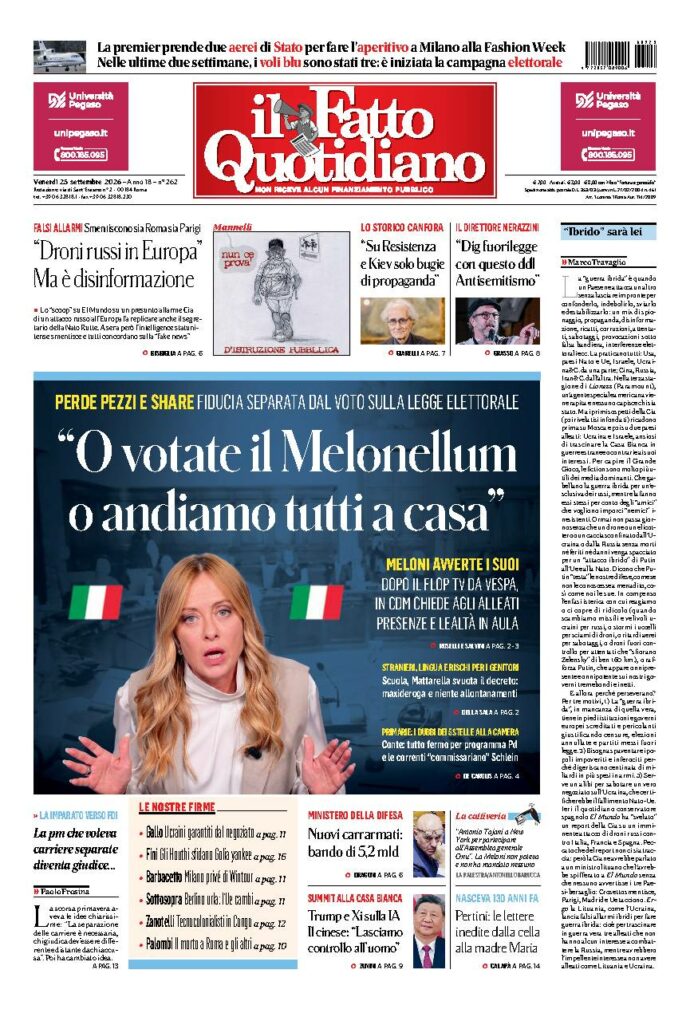 Copertina de Il Fatto Quotidiano di venerdì 25 Settembre 2026