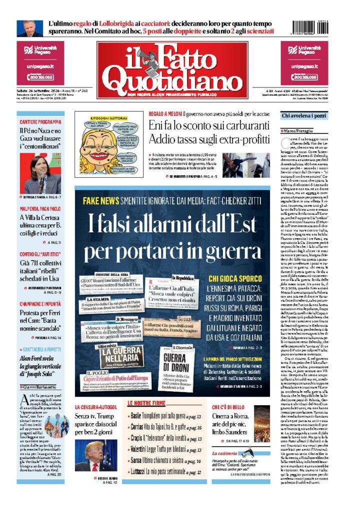 Copertina de Il Fatto Quotidiano di sabato 26 Settembre 2026