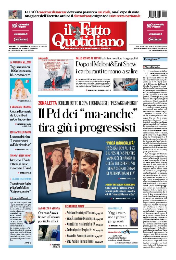 Copertina de Il Fatto Quotidiano di domenica 27 Settembre 2026