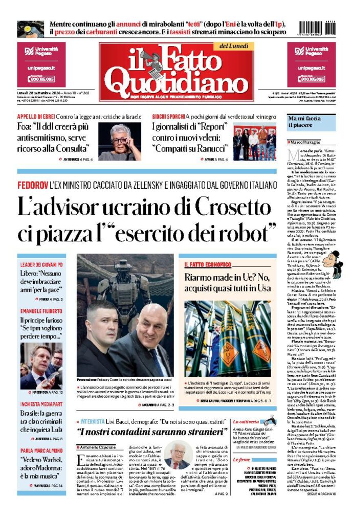 Copertina de Il Fatto Quotidiano di Lun 28 Settembre 2026