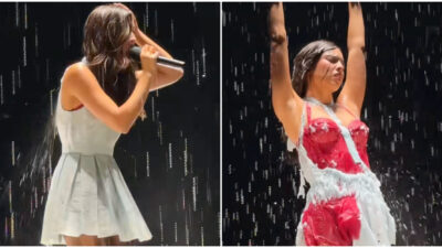 Copertina di Il vestito di Olivia Rodrigo si dissolve in scena sotto la pioggia: il colpo di scena sul palco – VIDEO