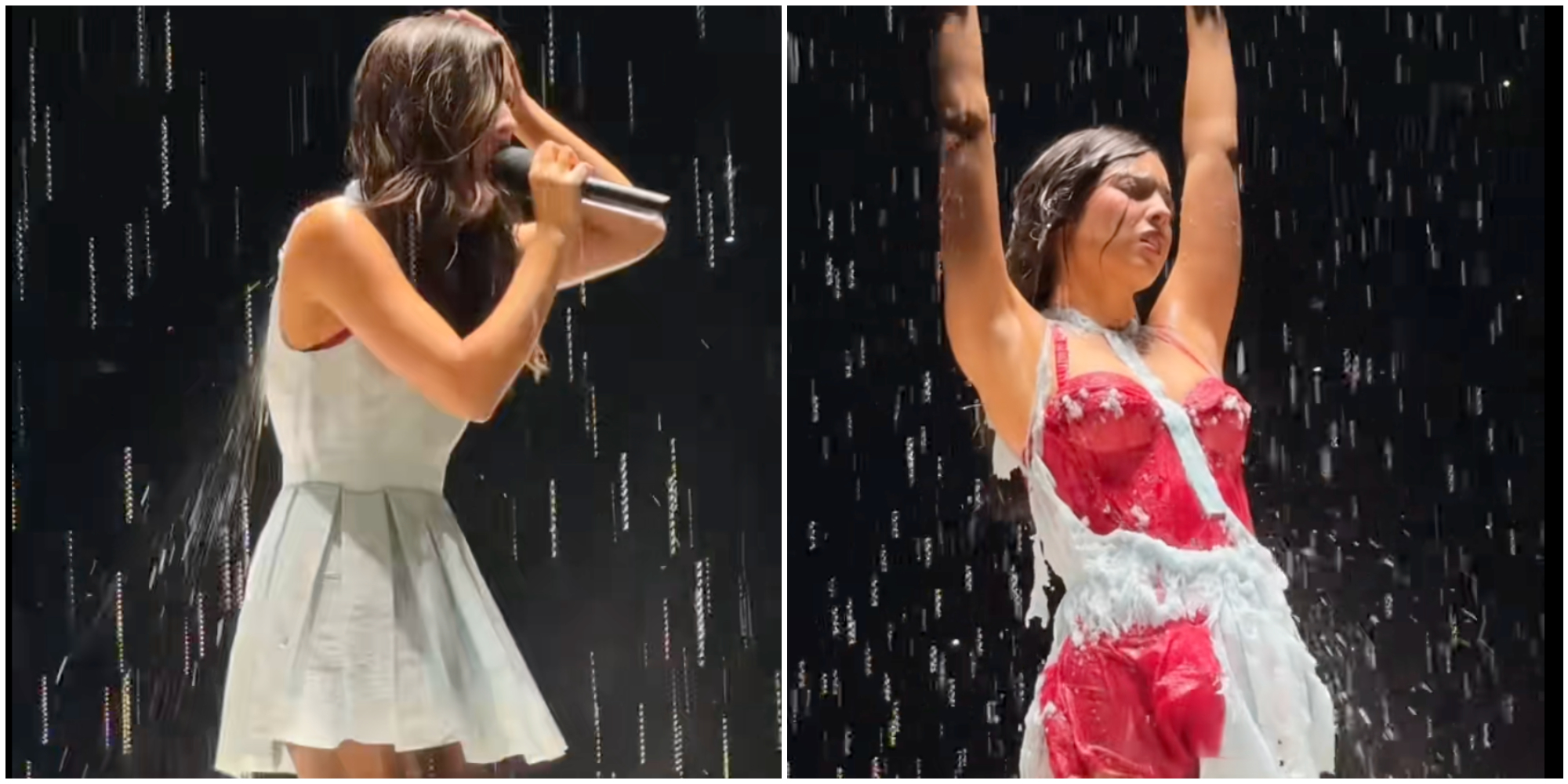 Il vestito di Olivia Rodrigo si dissolve in scena sotto la pioggia: il colpo di scena sul palco – VIDEO