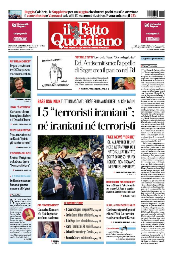 Copertina de Il Fatto Quotidiano di martedì 29 Settembre 2026