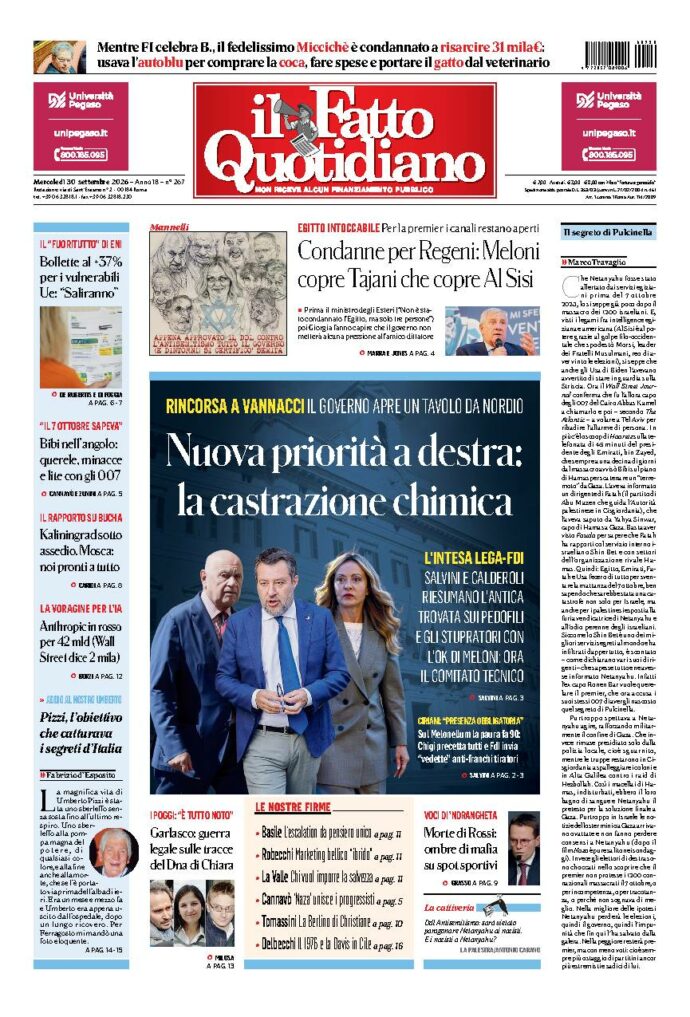 Copertina de Il Fatto Quotidiano di mercoledì 30 Settembre 2026