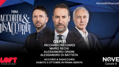 Copertina di Ricciardi, Sechi, Orsini e Di Battista ospiti di Sommi ad Accordi&Disaccordi sabato 3 ottobre. Con Travaglio e Scanzi