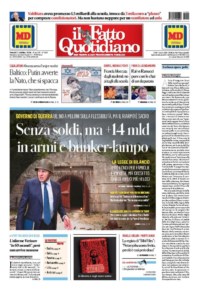 Copertina de Il Fatto Quotidiano di venerdì 2 Ottobre 2026