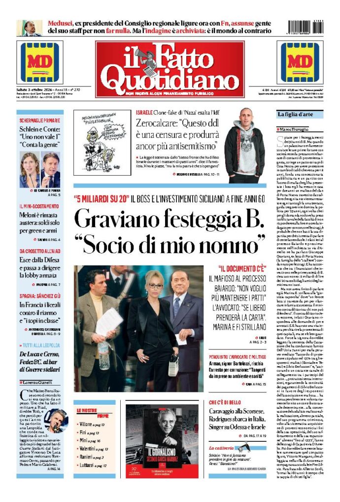 Copertina de Il Fatto Quotidiano di sabato 3 Ottobre 2026