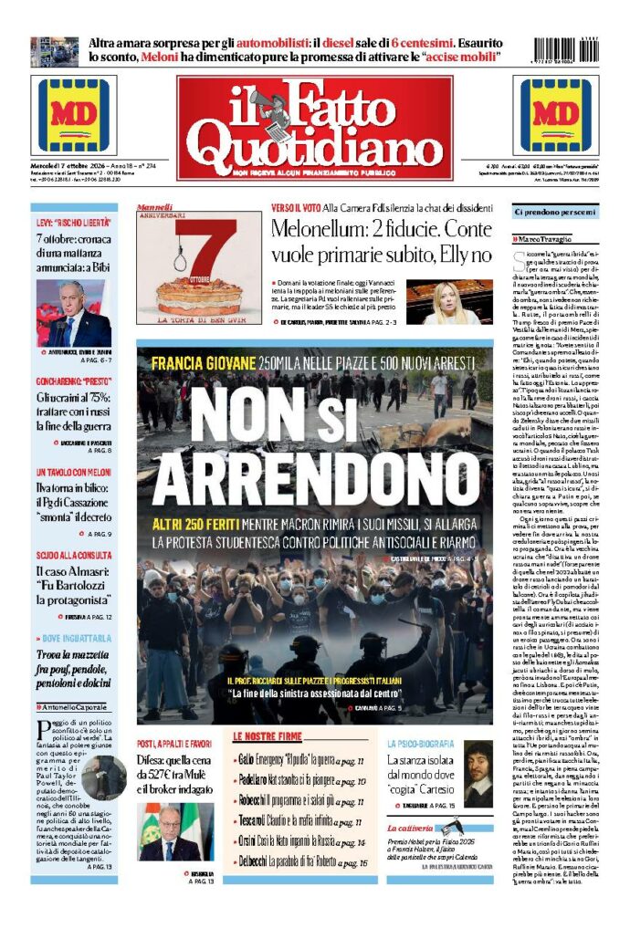 Copertina de Il Fatto Quotidiano di mercoledì 7 Ottobre 2026