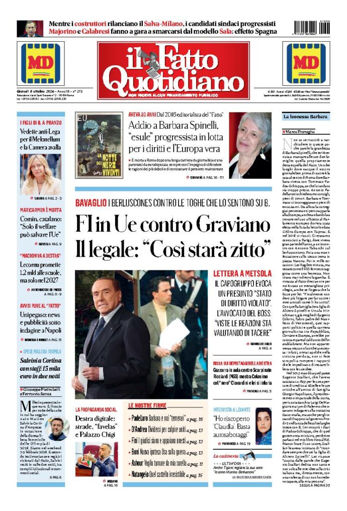 Copertina de Il Fatto Quotidiano di giovedì 8 Ottobre 2026