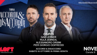 Copertina di Lerner, Jebreal, Orsini e Odifreddi ospiti di Sommi ad Accordi&Disaccordi sabato 10 ottobre. Con Travaglio e Scanzi