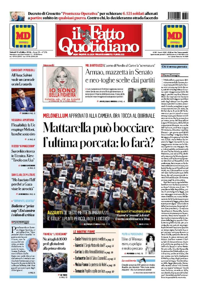 Copertina de Il Fatto Quotidiano di venerdì 9 Ottobre 2026