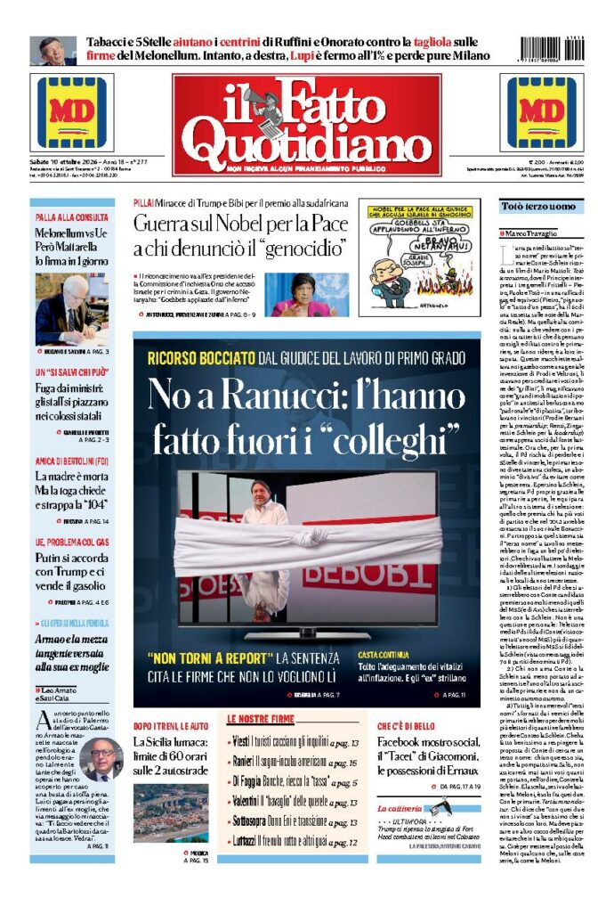 Copertina de Il Fatto Quotidiano di sabato 10 Ottobre 2026
