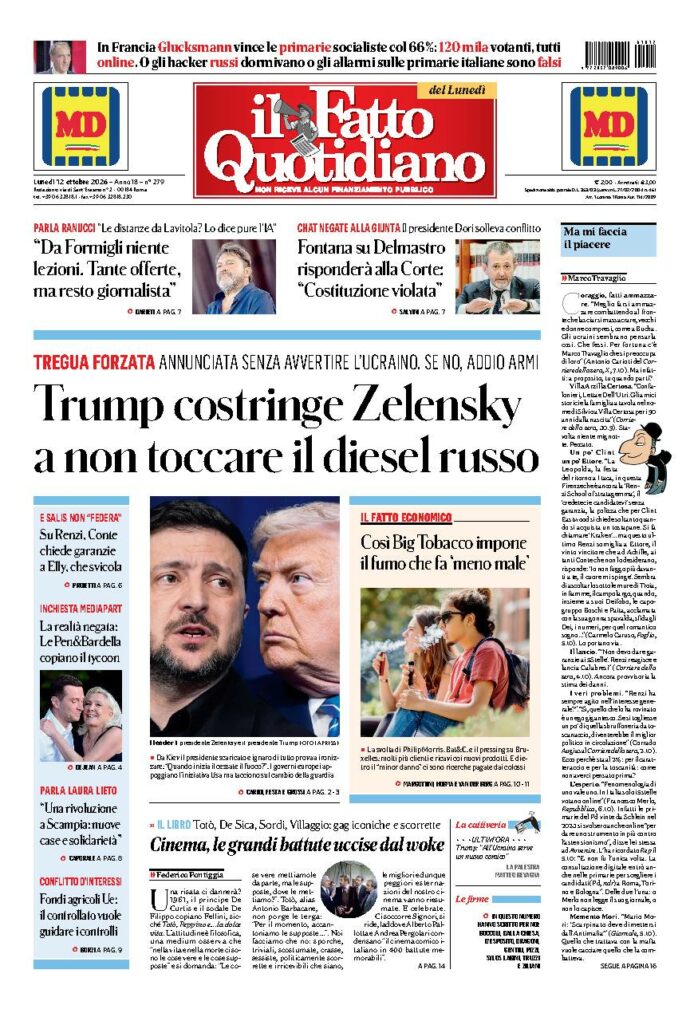 Copertina de Il Fatto Quotidiano di Lun 12 Ottobre 2026