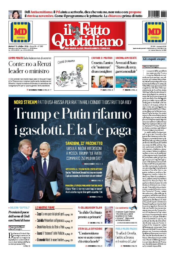 Copertina de Il Fatto Quotidiano di martedì 13 Ottobre 2026