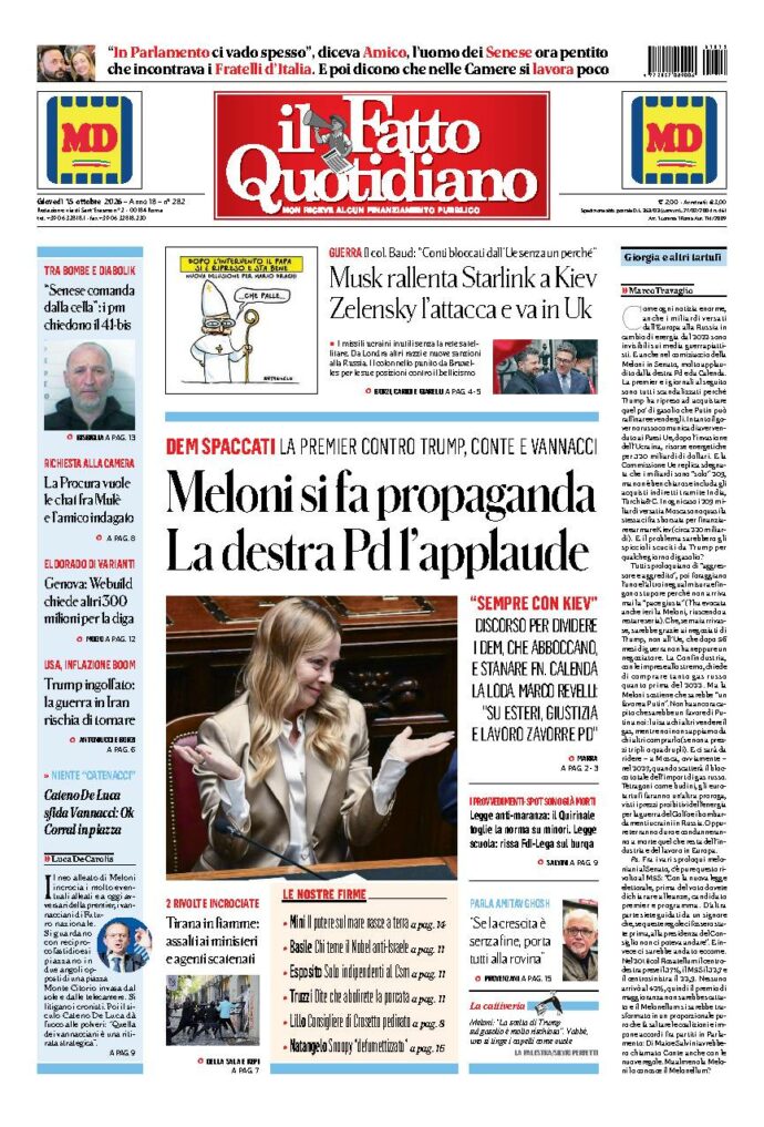 Copertina de Il Fatto Quotidiano di giovedì 15 Ottobre 2026
