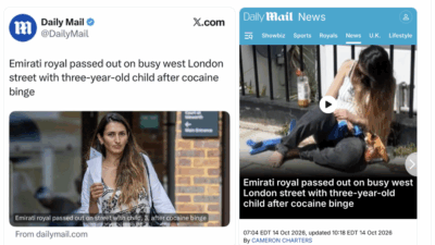 Copertina di “Mahrah Al Nahyan dopo aver assunto droga è svenuta in una strada trafficata di Londra”: notizia choc del Daily Mail sul membro della famiglia reale di Abu Dhabi