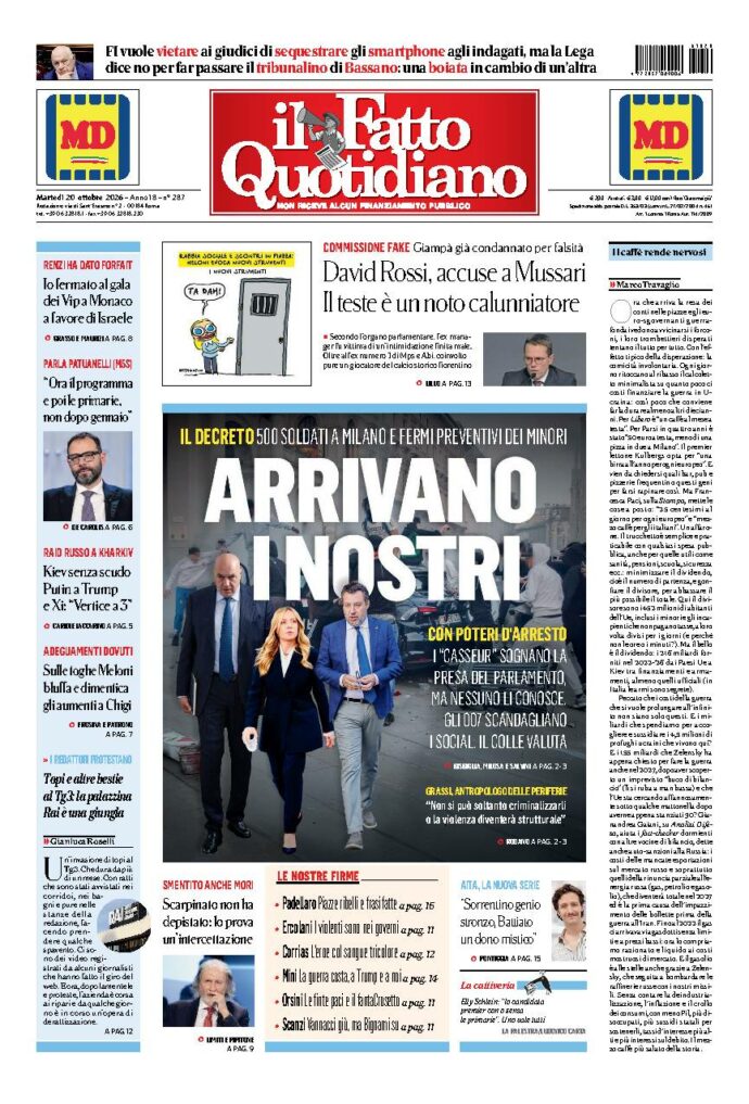 Copertina de Il Fatto Quotidiano di martedì 20 Ottobre 2026