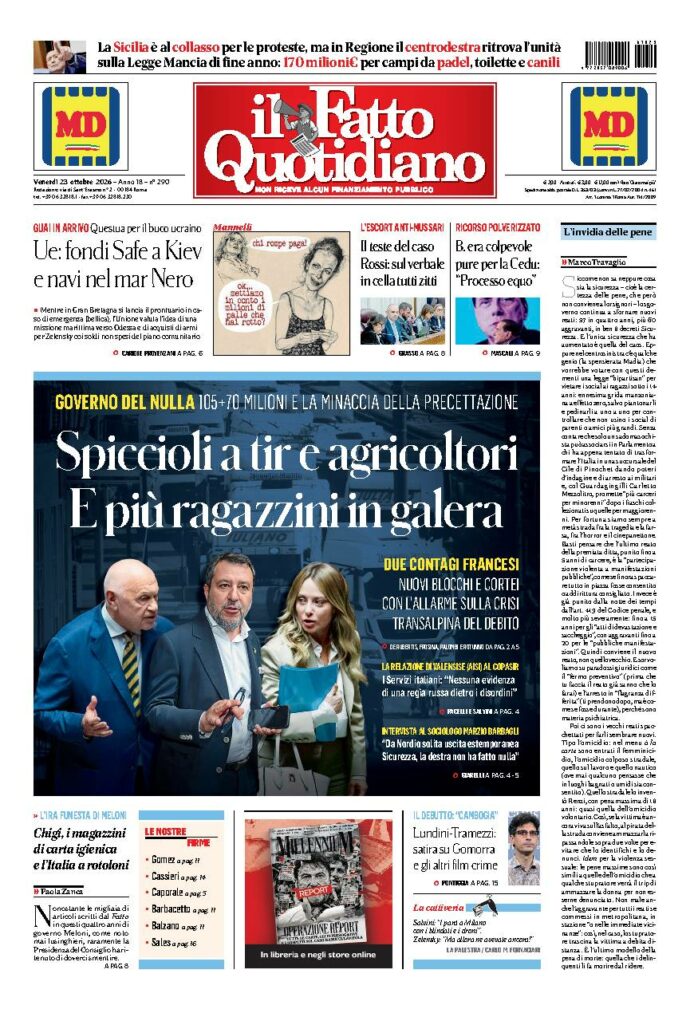 Copertina de Il Fatto Quotidiano di venerdì 23 Ottobre 2026