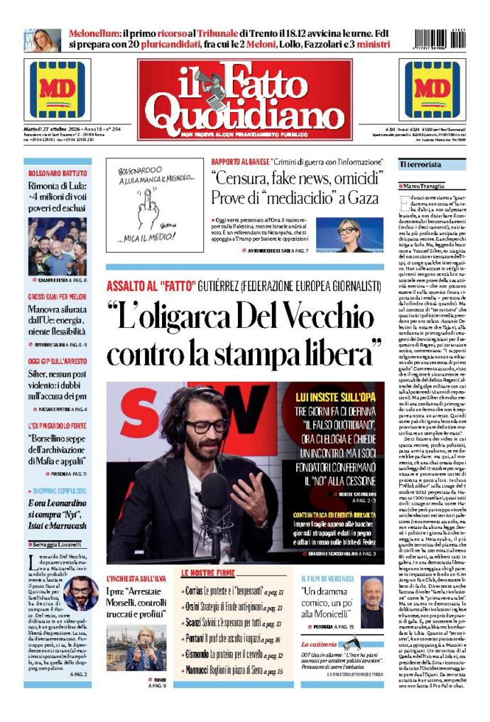 Copertina de Il Fatto Quotidiano di martedì 27 Ottobre 2026