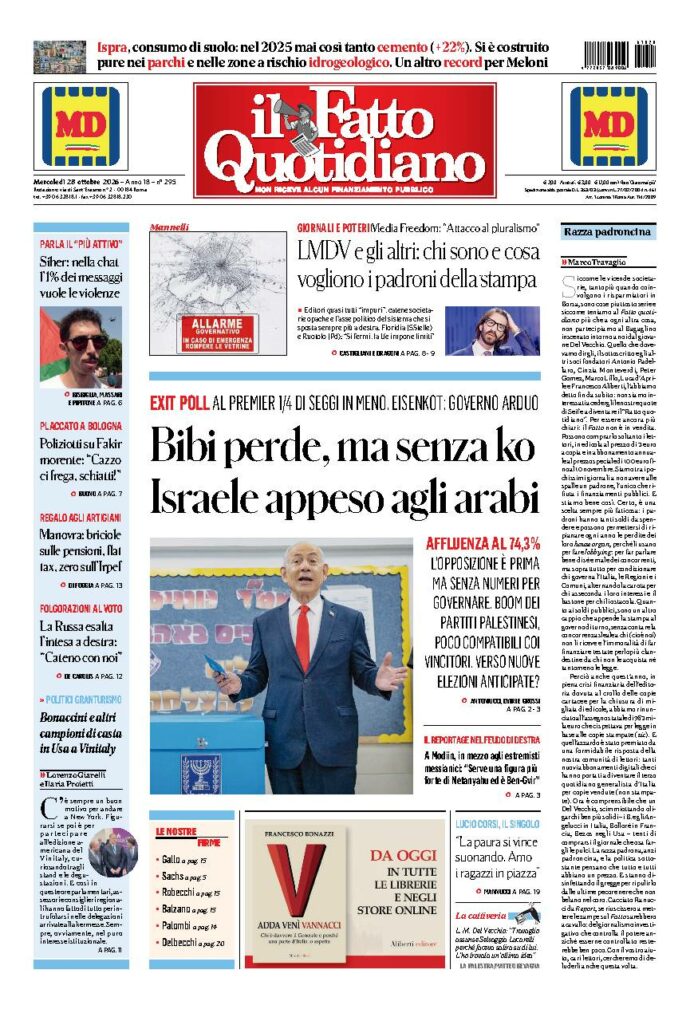 Copertina de Il Fatto Quotidiano di mercoledì 28 Ottobre 2026