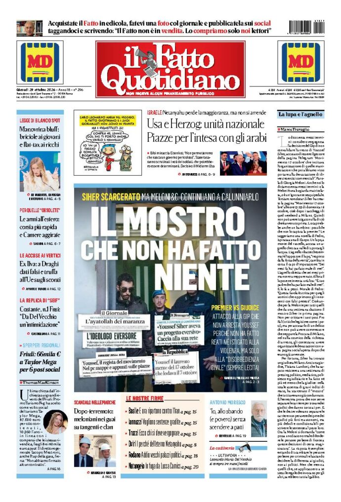 Copertina de Il Fatto Quotidiano di giovedì 29 Ottobre 2026