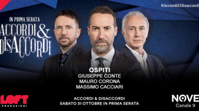 Copertina di Conte, Cacciari e Mauro Corona ospiti di Sommi ad Accordi&Disaccordi sabato 31 ottobre. Con Travaglio e Scanzi