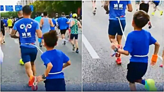 Ha legato il figlio di 9 anni a sé con una corda durante la maratona: maxi squalifica per un atleta